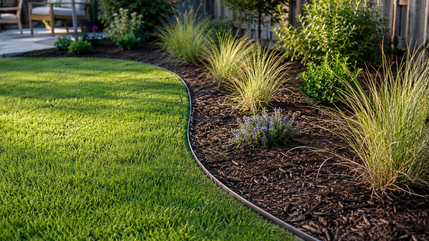Remaining lawn meeting a new waterwise planting bed with mulch, edging, and young low-water plants.