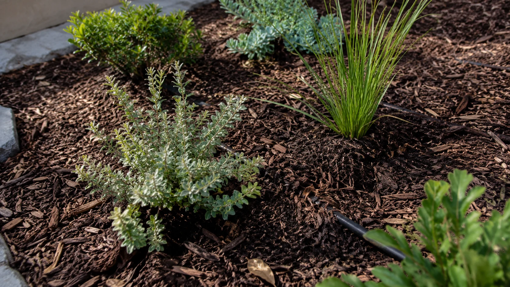 Drip tubing and mulch around young low-water plants in a new waterwise planting bed.