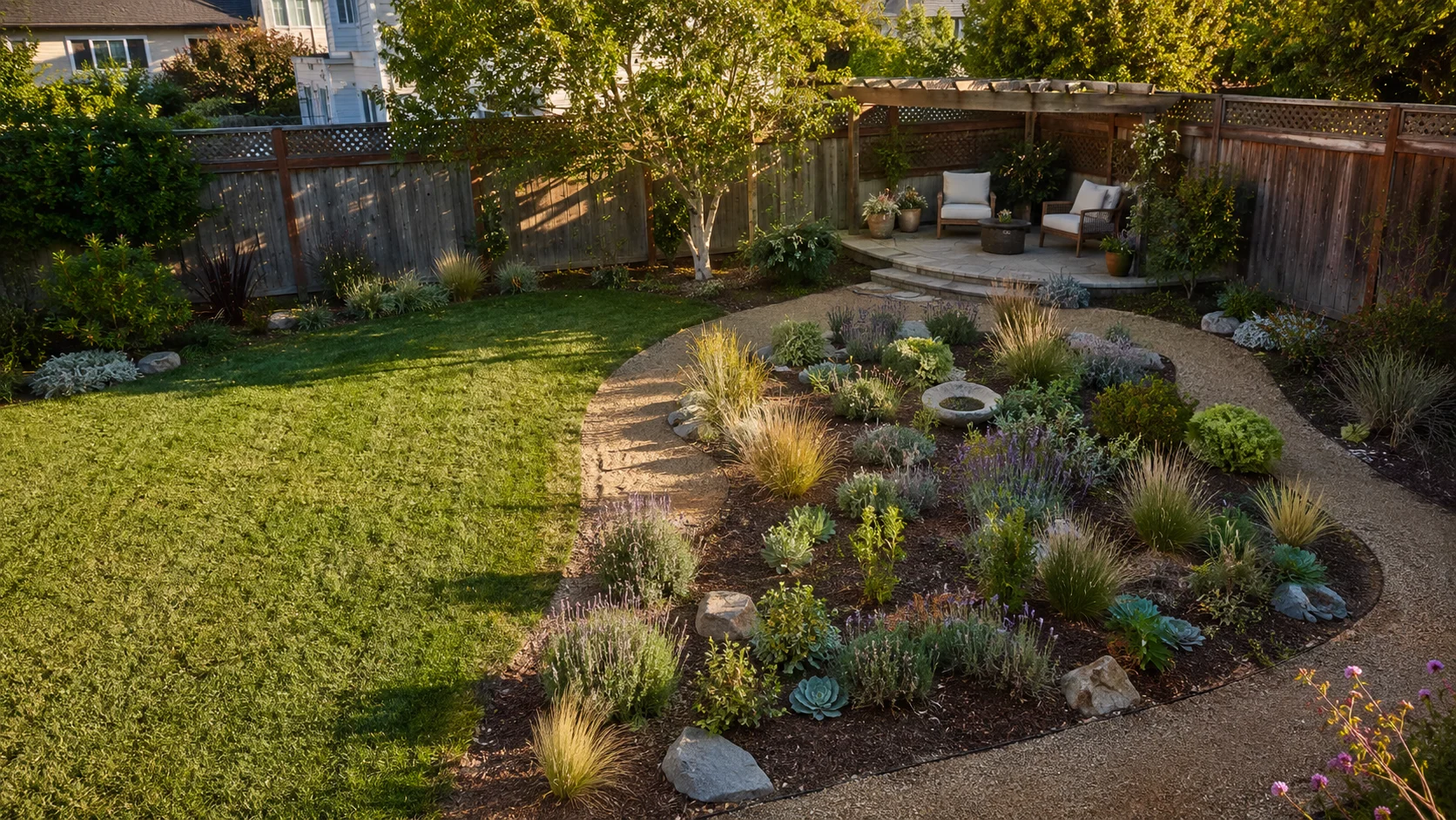 Phased backyard lawn conversion with remaining grass and a new waterwise planting bed.