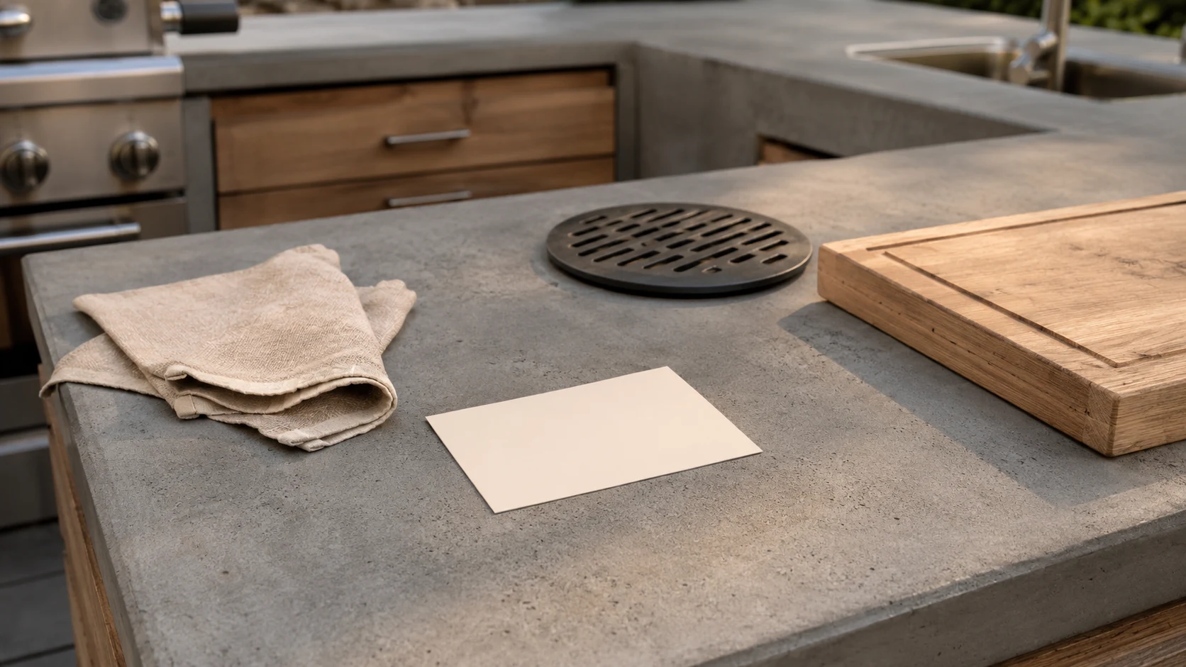 Concrete countertop maintenance setup with a soft cloth, trivet, cutting board, and blank checklist card.