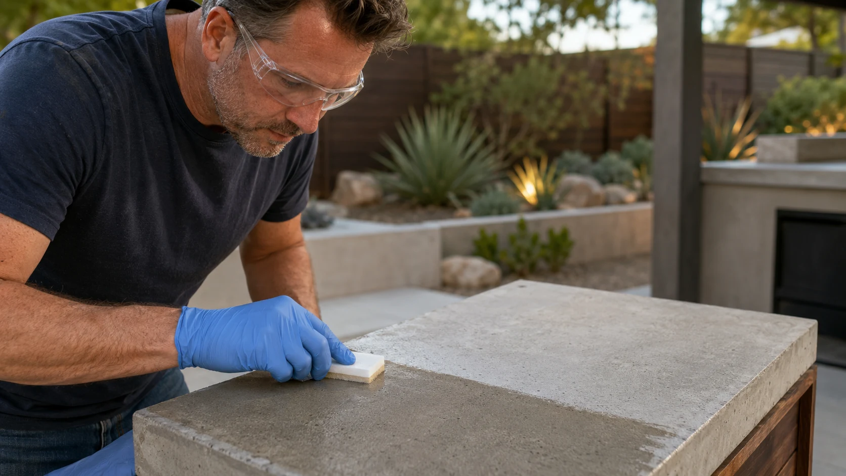 Homeowner applying concrete countertop sealer with an unbranded applicator in a ventilated outdoor workspace.