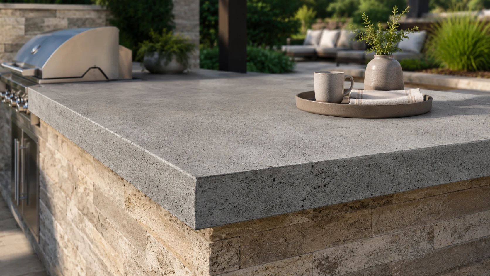Finished outdoor concrete countertop with a subtle sealed matte-to-satin surface in a backyard kitchen.