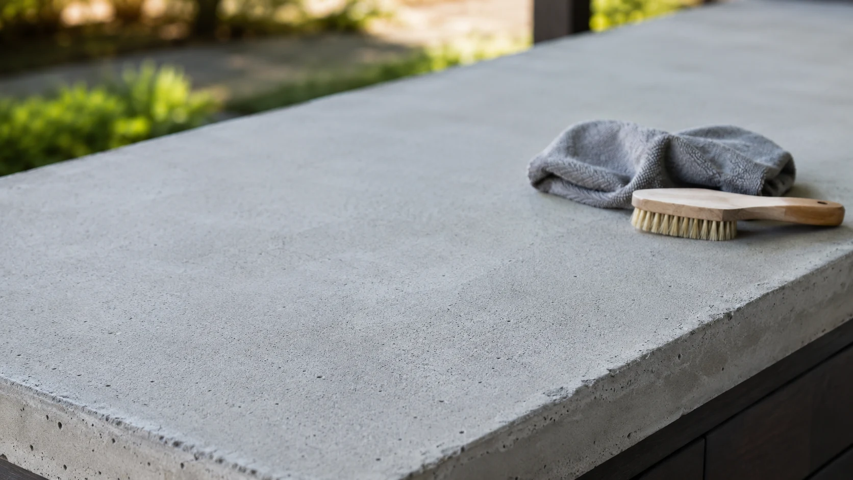 Clean concrete countertop surface with a microfiber cloth and soft brush before sealing.