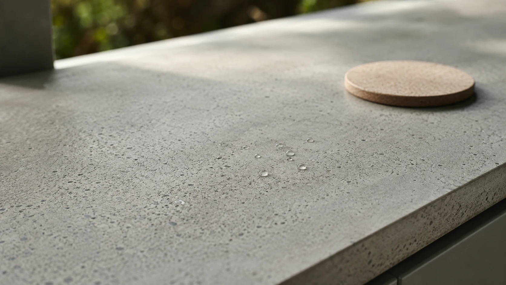 Small water droplets on a sealed concrete countertop surface beside a neutral coaster.