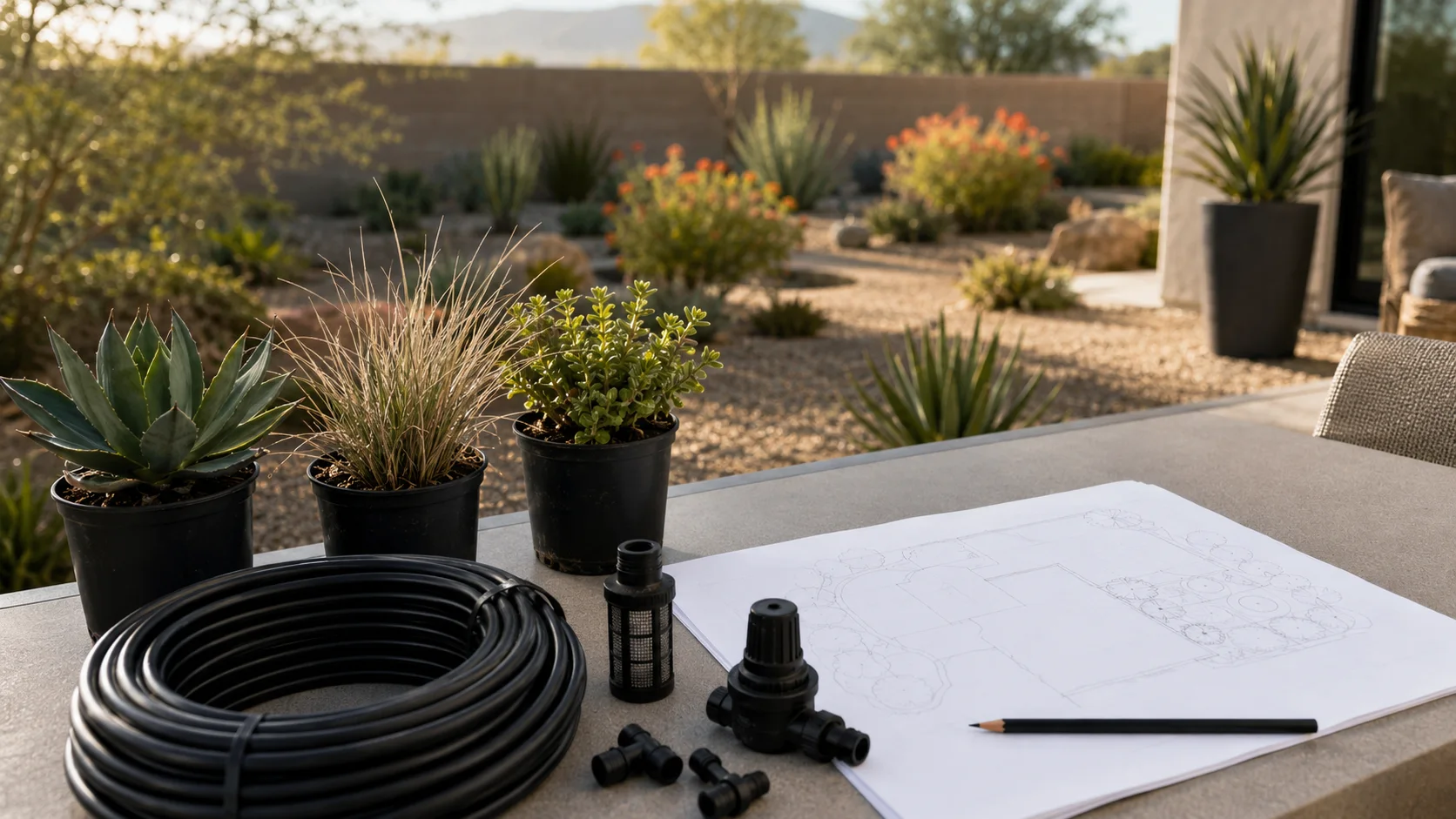Outdoor planning table with generic drip irrigation parts, a blank yard sketch, and low-water plant samples.