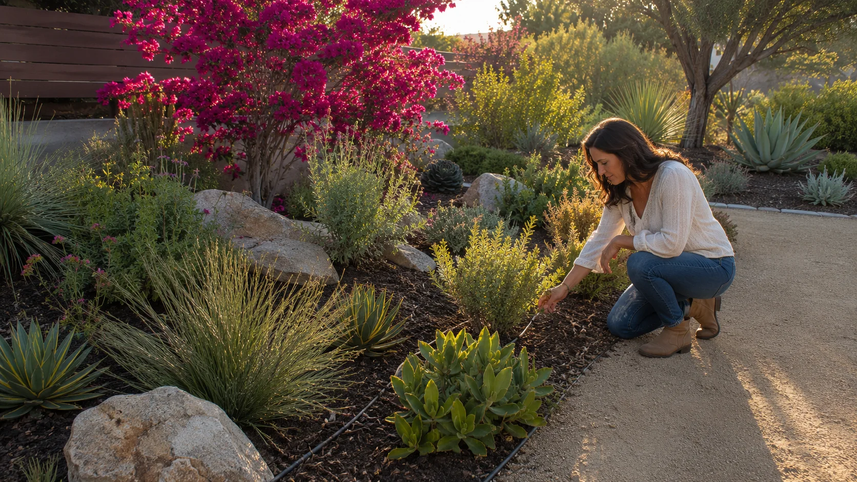Waterwise backyard with grouped low-water plants, decomposed granite paths, and discreet drip irrigation.