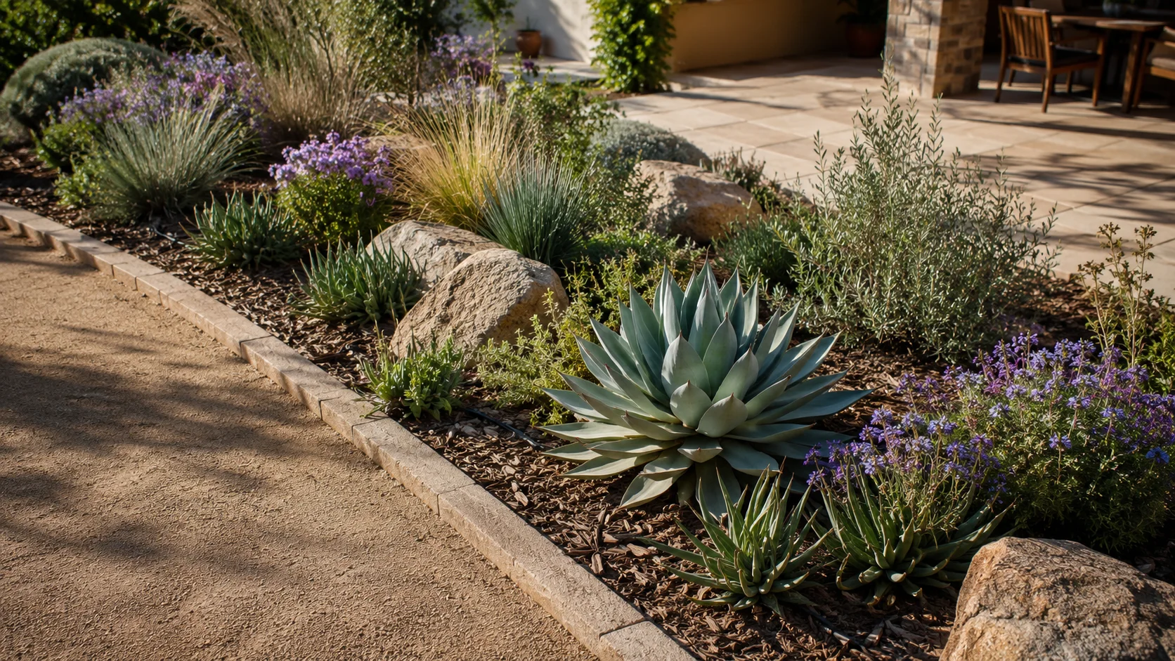 Waterwise planting bed with grouped low-water plants, mulch, stone edging, and discreet drip irrigation.