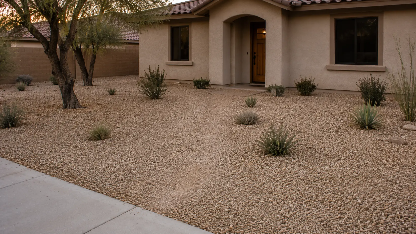 Arizona front yard where gravel visually overwhelms the entry path and makes the route to the door harder to read.