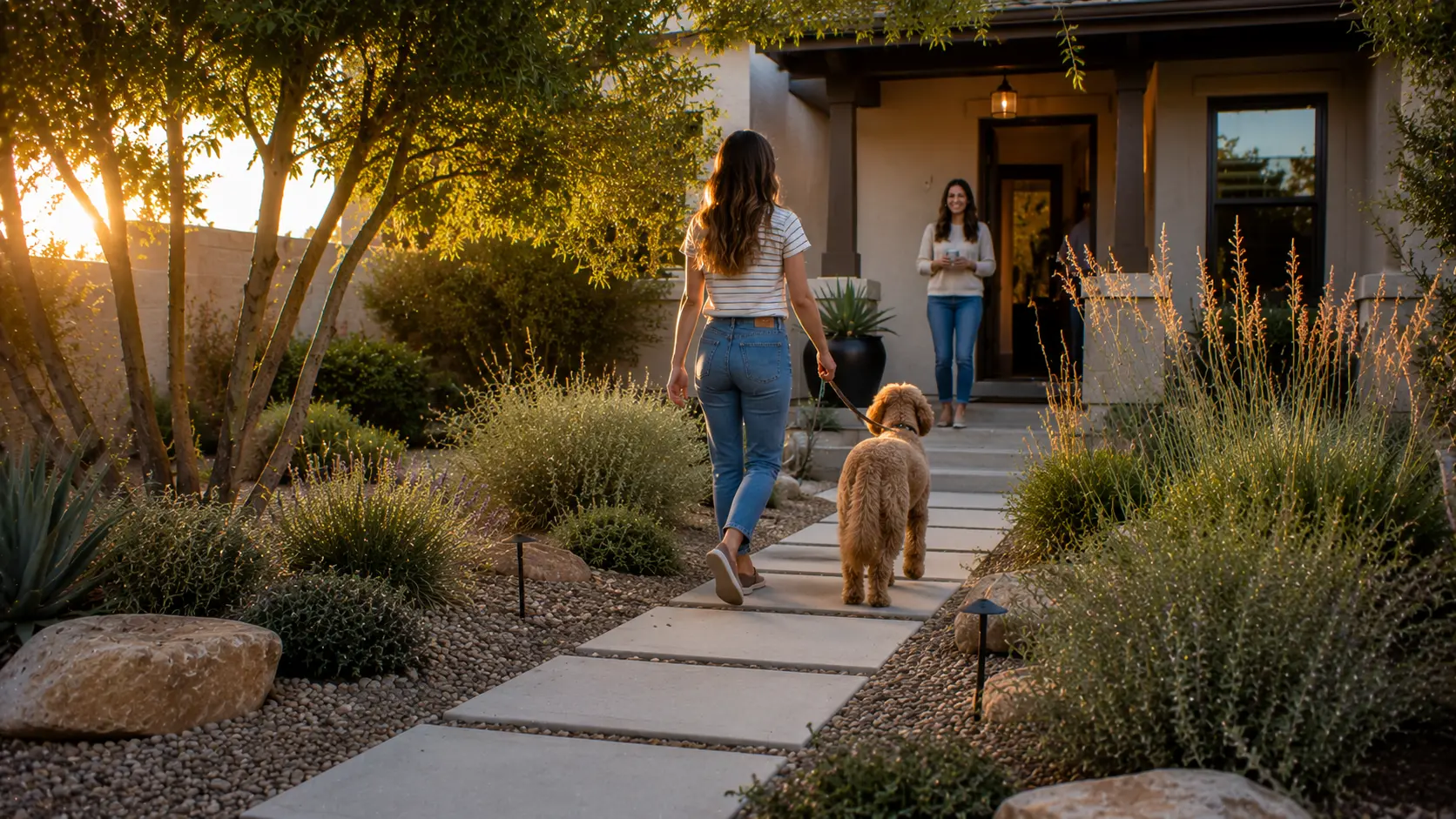 Guests approaching a welcoming low-water Arizona front entry path with gravel, planting, shade, and a lived-in porch.
