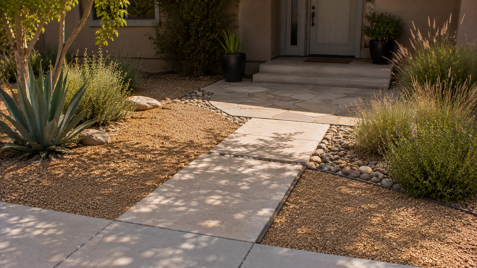 Front entry path material transition with stable concrete pads, restrained gravel, clean edging, and low-water planting.