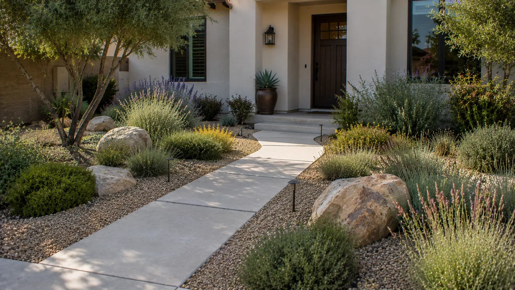 Low-water front entry path framed by repeated planting, clean gravel edges, and enough shoulder room for walking.