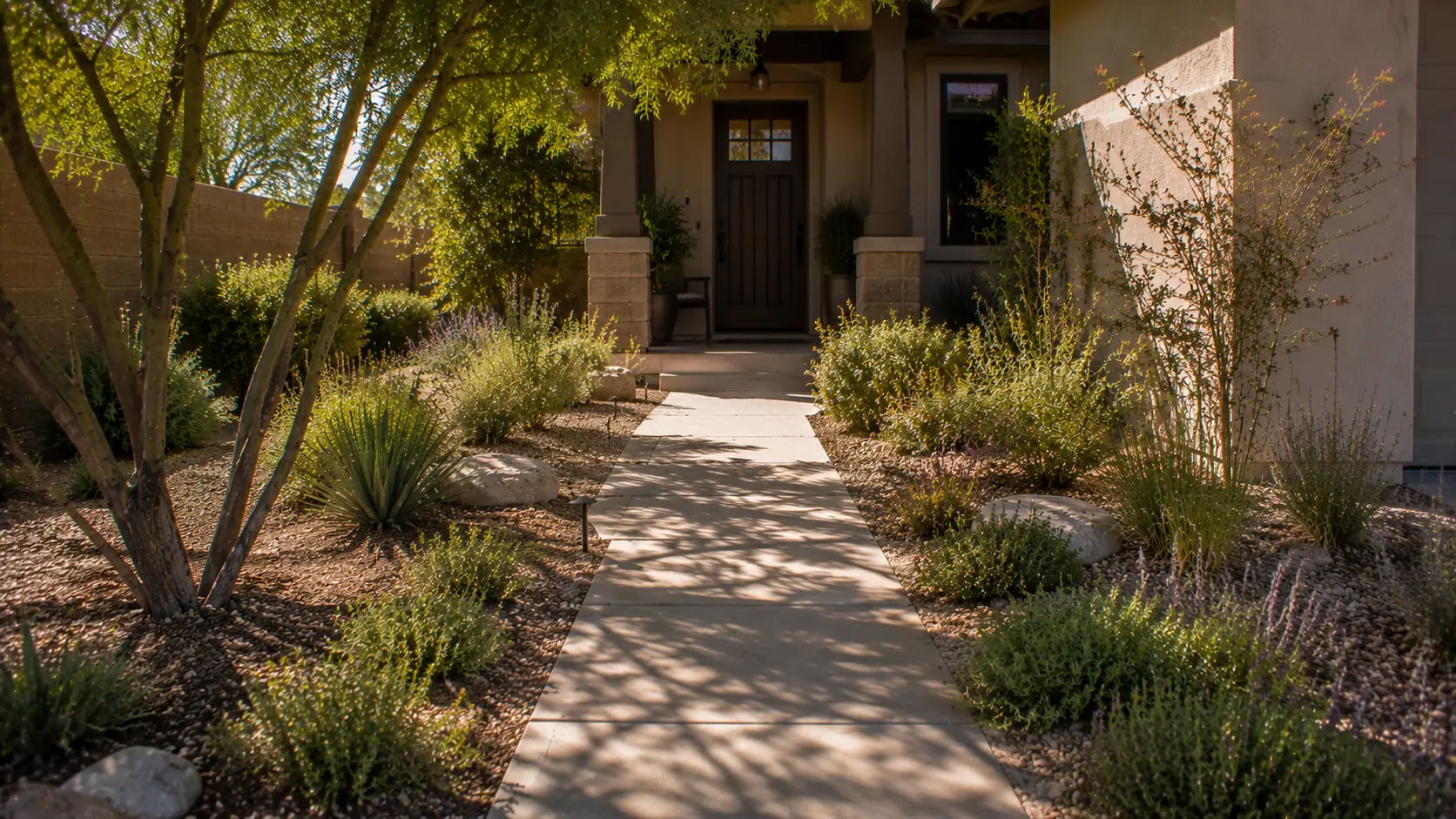 Low-water front entry path with filtered shade, reduced glare, warm stucco, and layered Arizona planting.