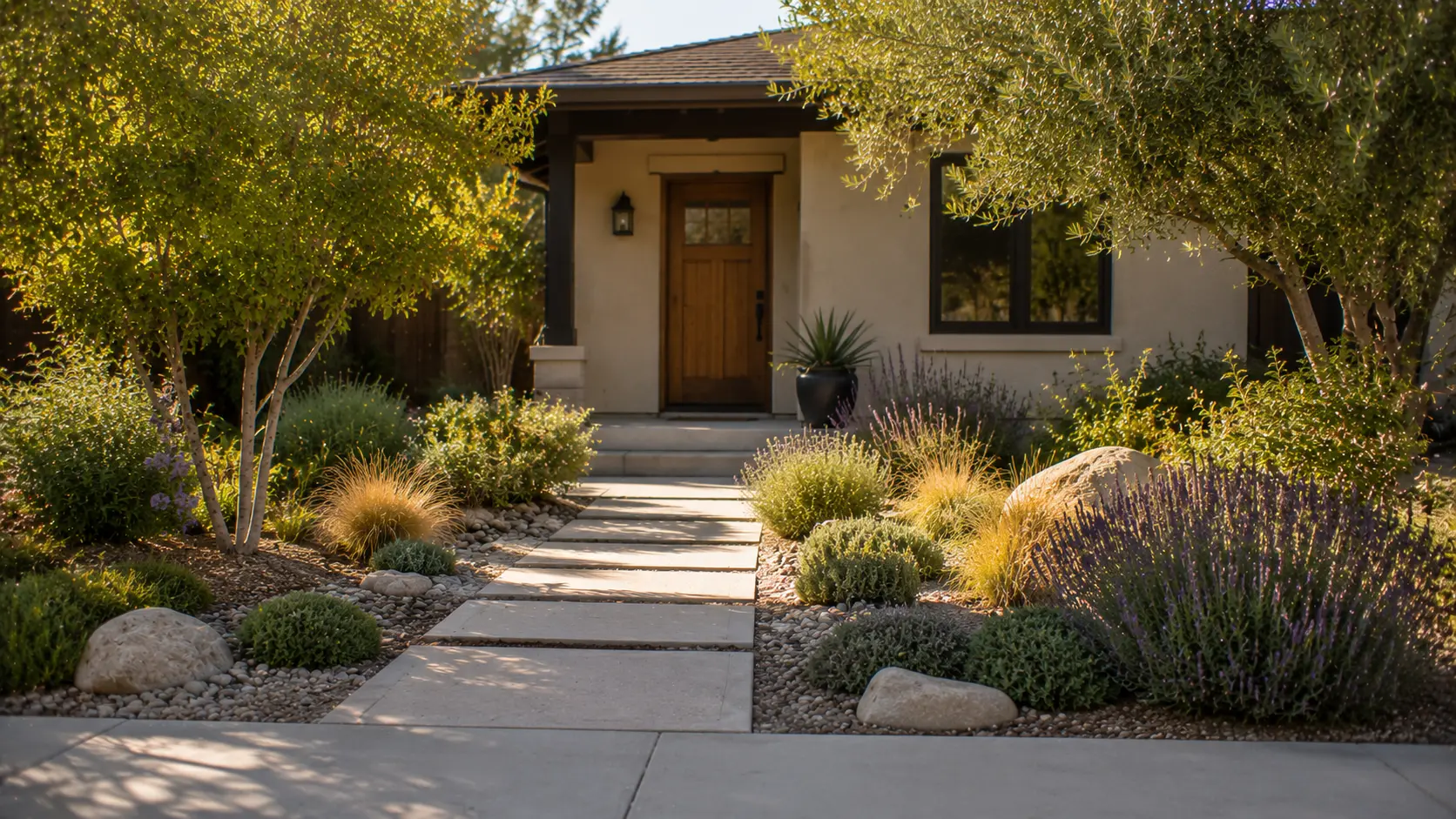Low-water Arizona front yard with a clear entry path, layered planting, gravel, shade, and a welcoming front door.