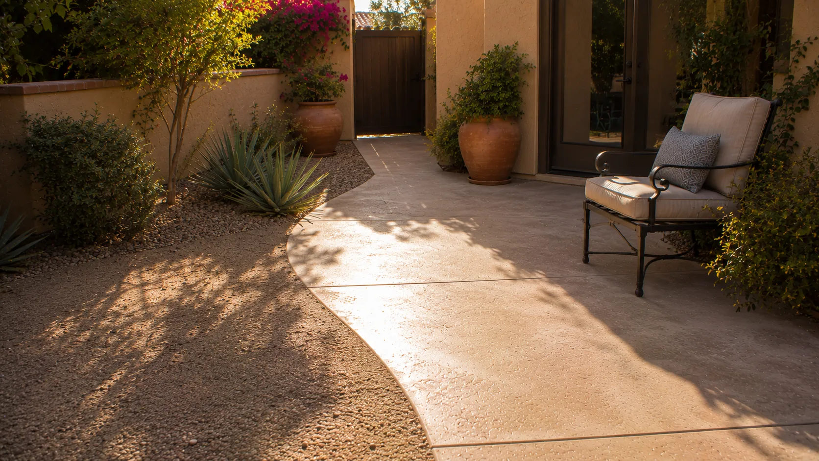 Arizona gravel and concrete transition near warm stucco with partial shade and reflected light.