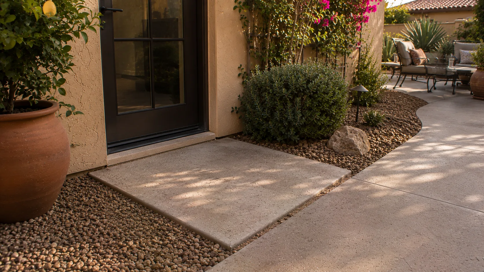 Hard landing where gravel transitions to a concrete patio threshold outside an Arizona home.