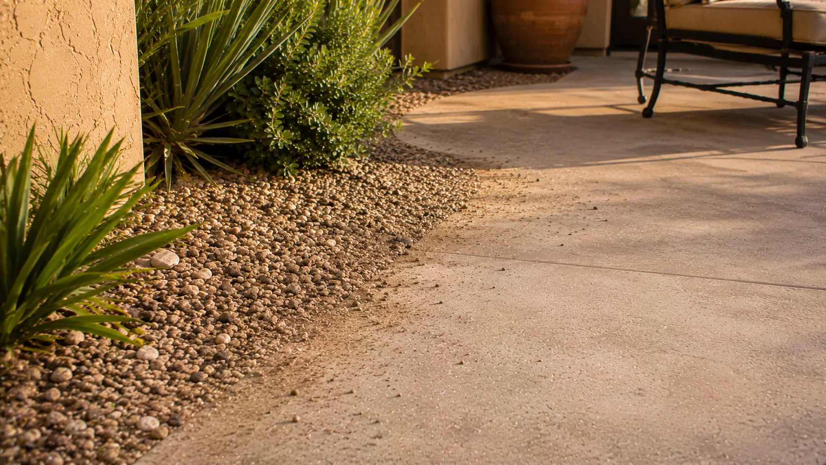 Loose gravel collecting on the edge of an Arizona concrete patio path where the transition needs maintenance attention.