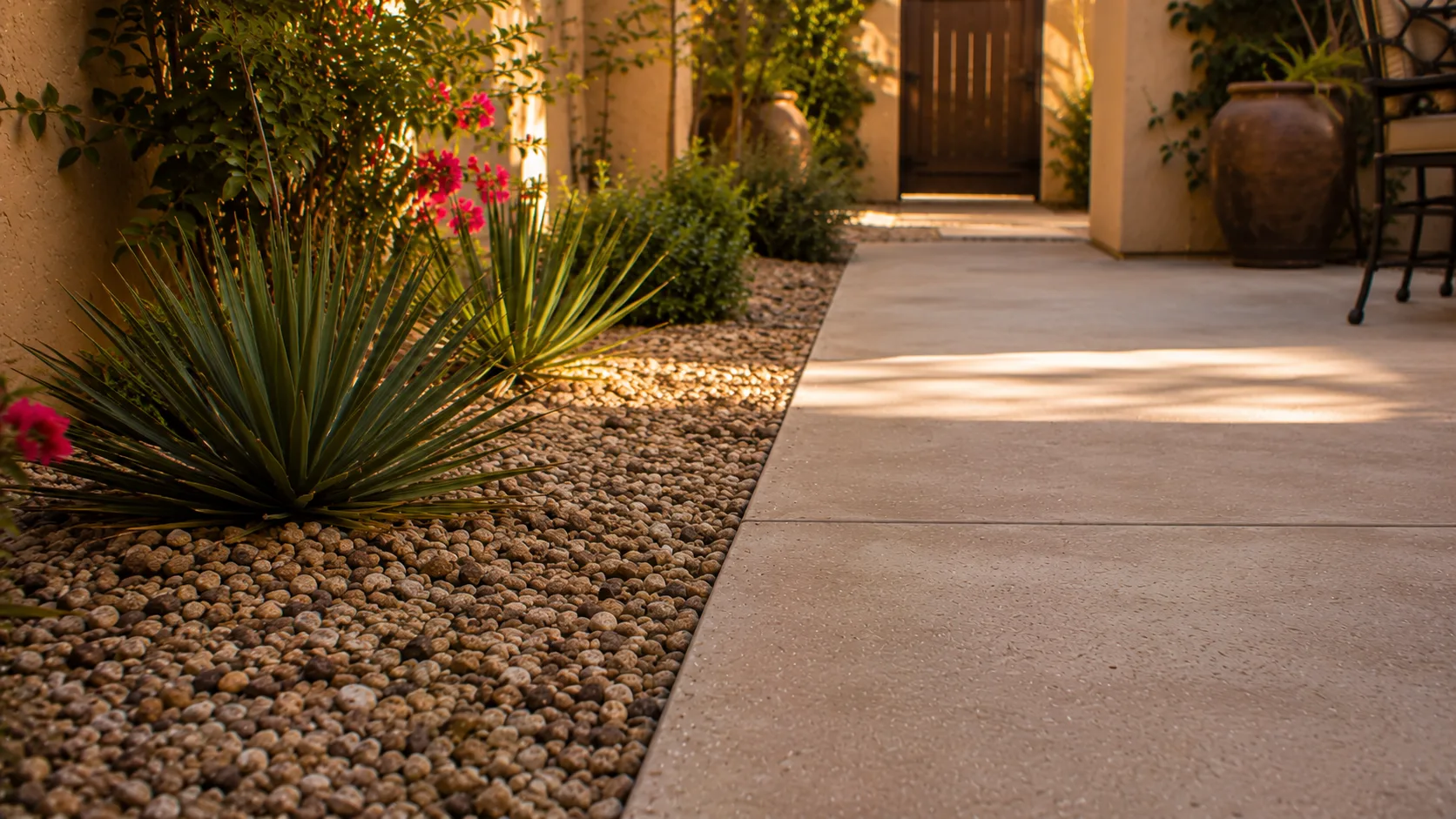Arizona backyard with a clean gravel-to-concrete transition, warm stucco, restrained gravel, and waterwise planting.