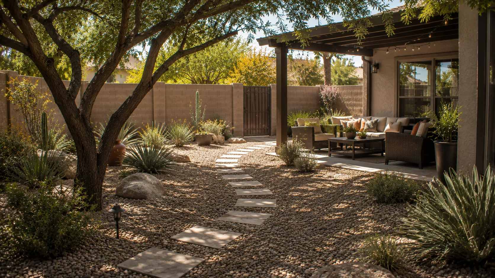 Gravel-heavy hot-climate backyard made more comfortable with shade, low-water planting, a clear path, and a usable seating area.