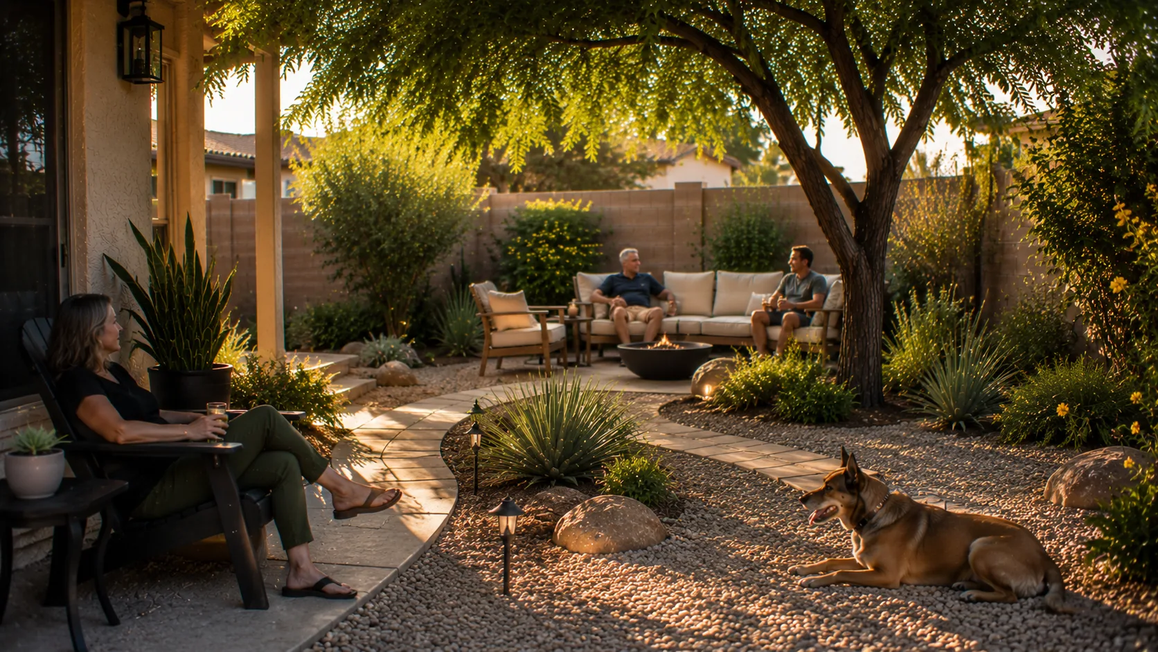 Residents enjoying a more comfortable gravel-heavy backyard with shade, planting islands, and restrained gravel.