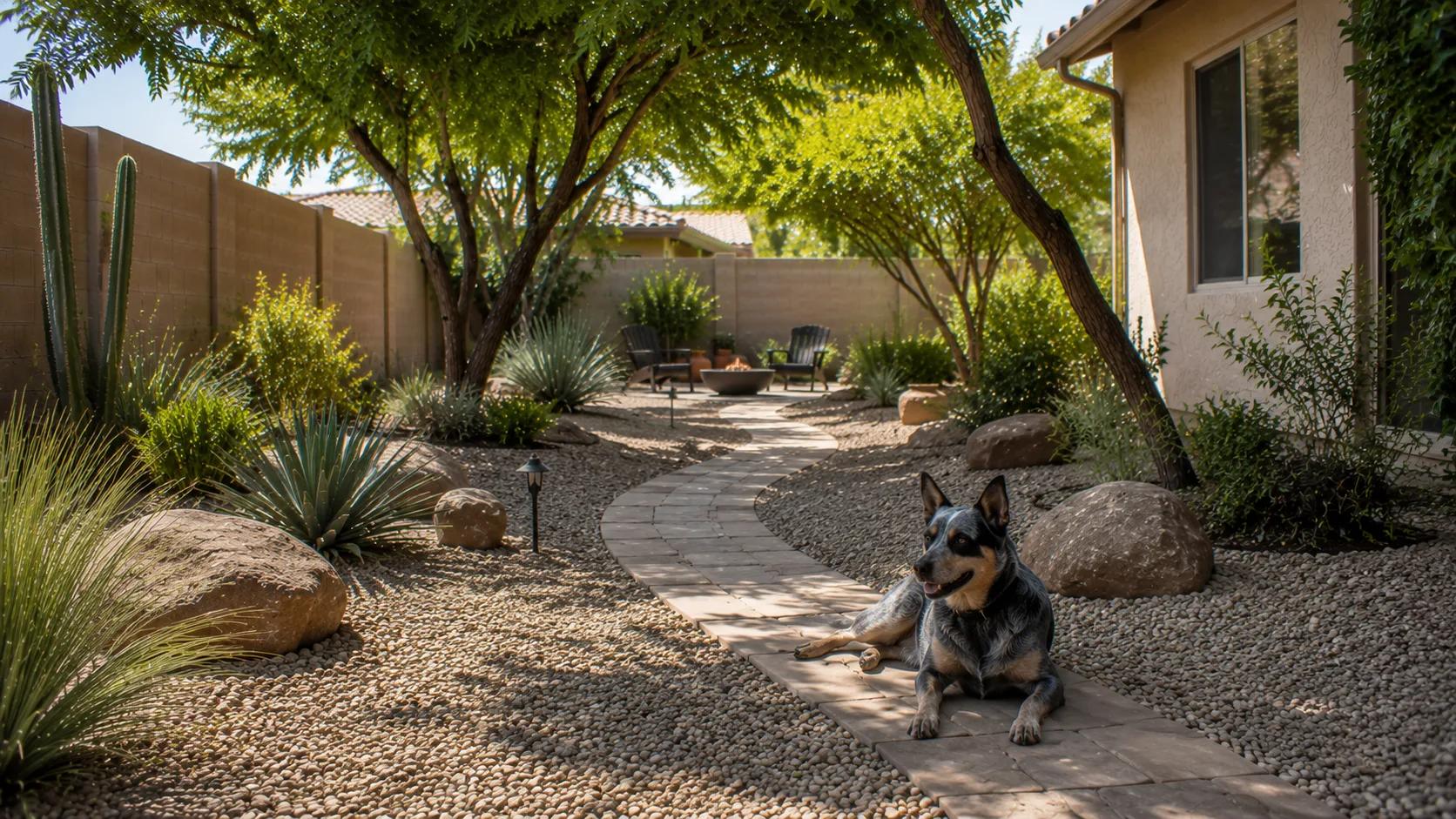 Pet-aware route through a gravel-heavy backyard with shade, planting, and a relaxed dog nearby.