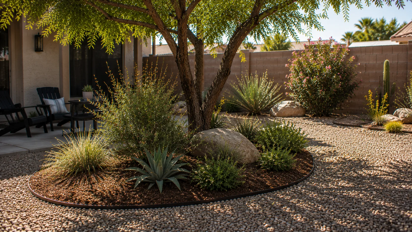 Planting island breaking up a gravel-heavy yard with low-water plants, organic mulch, gravel, and a clean material edge.