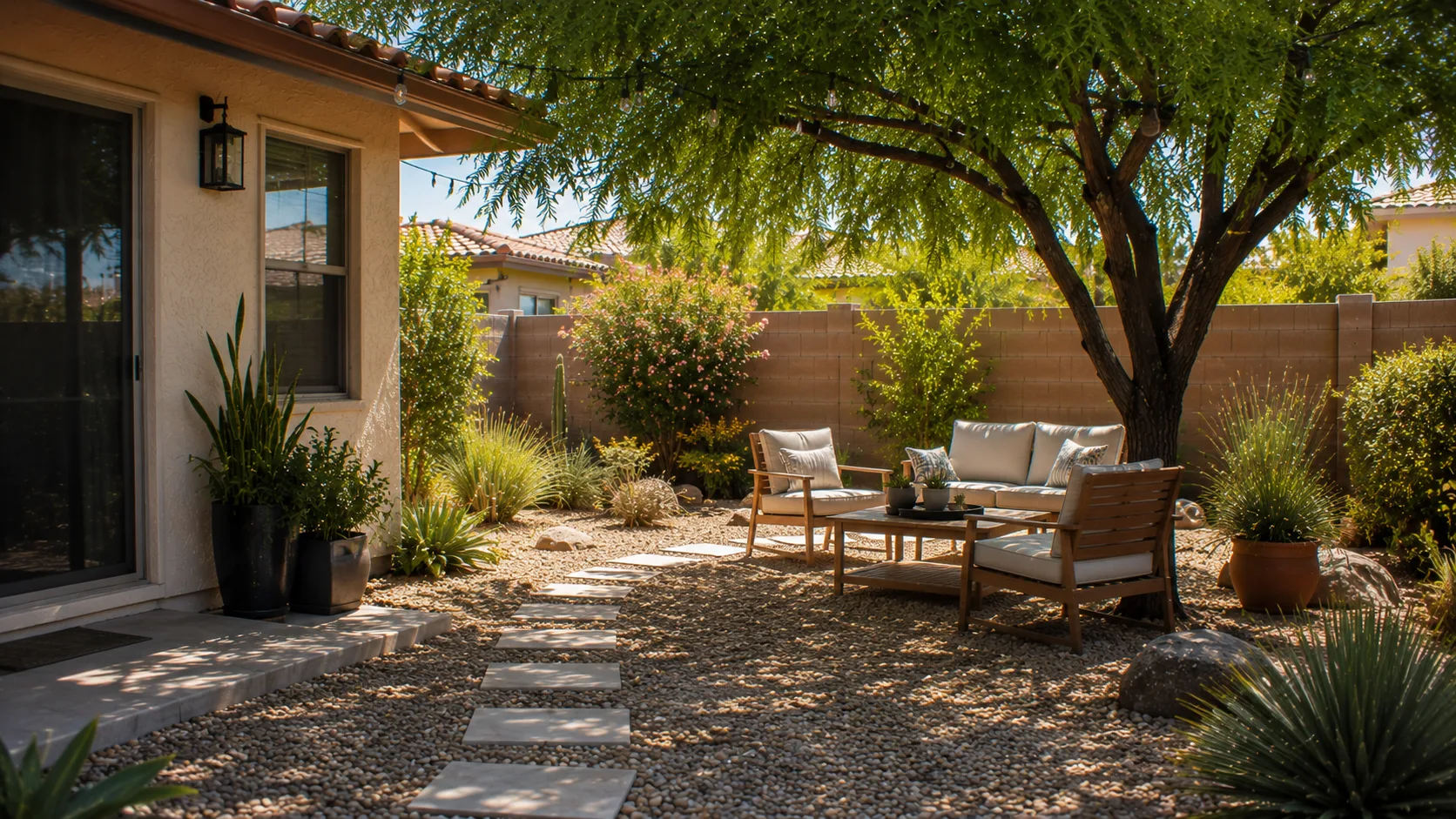 Shaded seating zone in a gravel-heavy backyard with low-water planting and a clear walking transition.