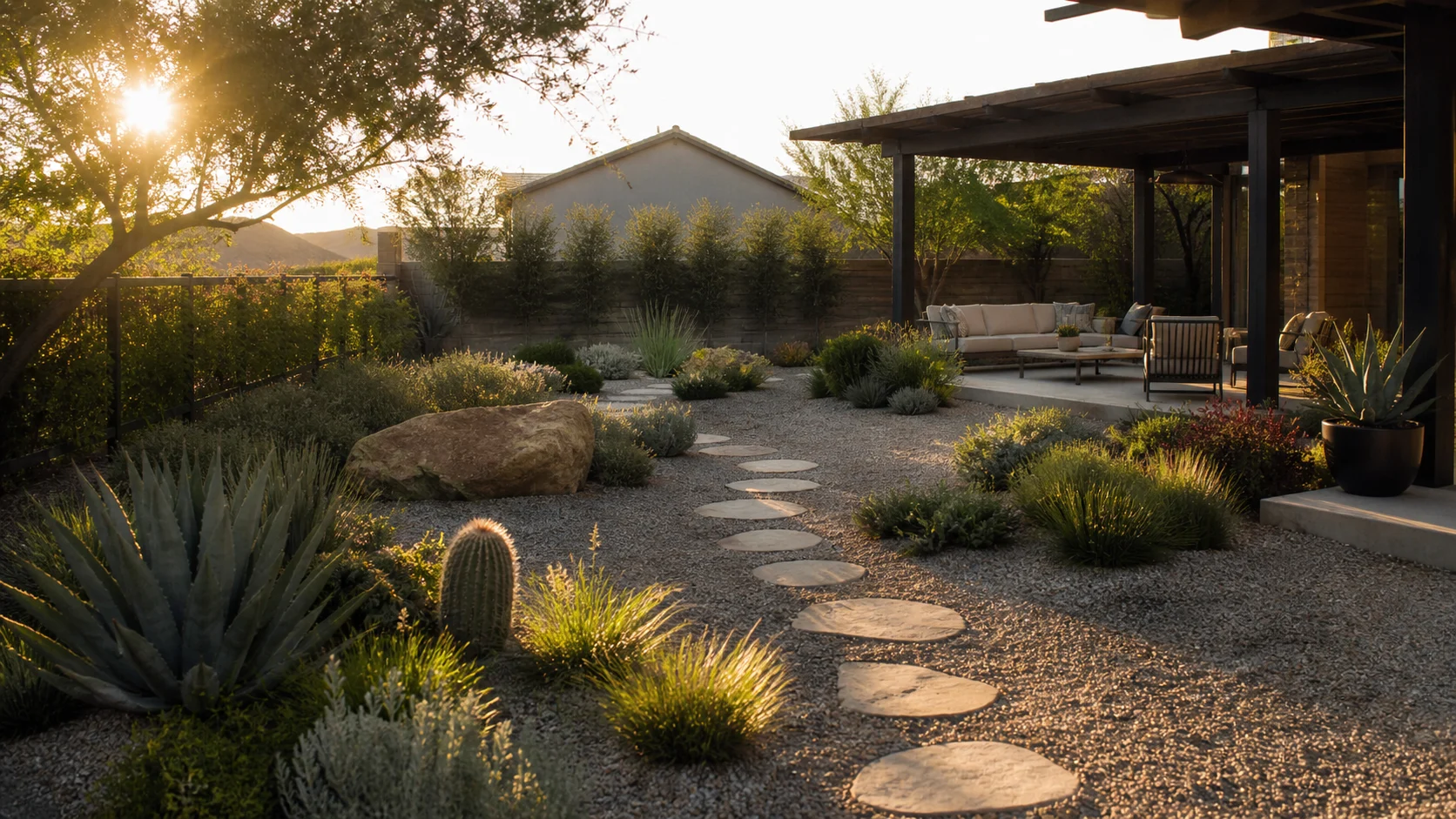 Designed gravel yard with plants, shade, pathways, and hardscape balance.