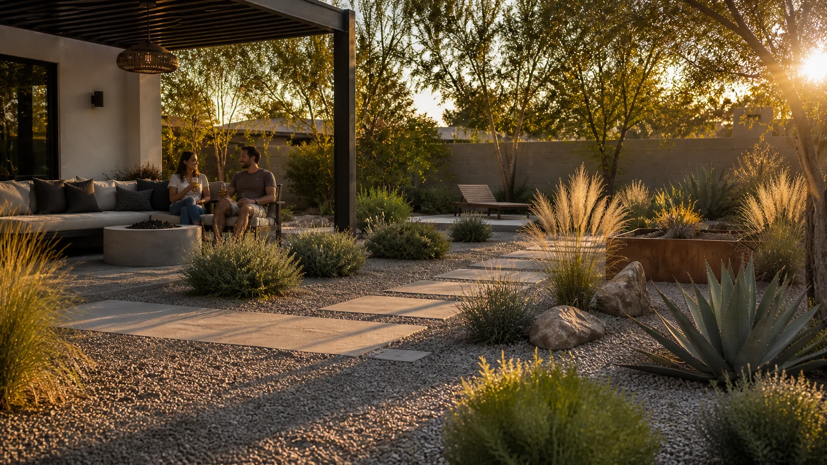 Couple relaxing in a designed gravel backyard with low-water planting.