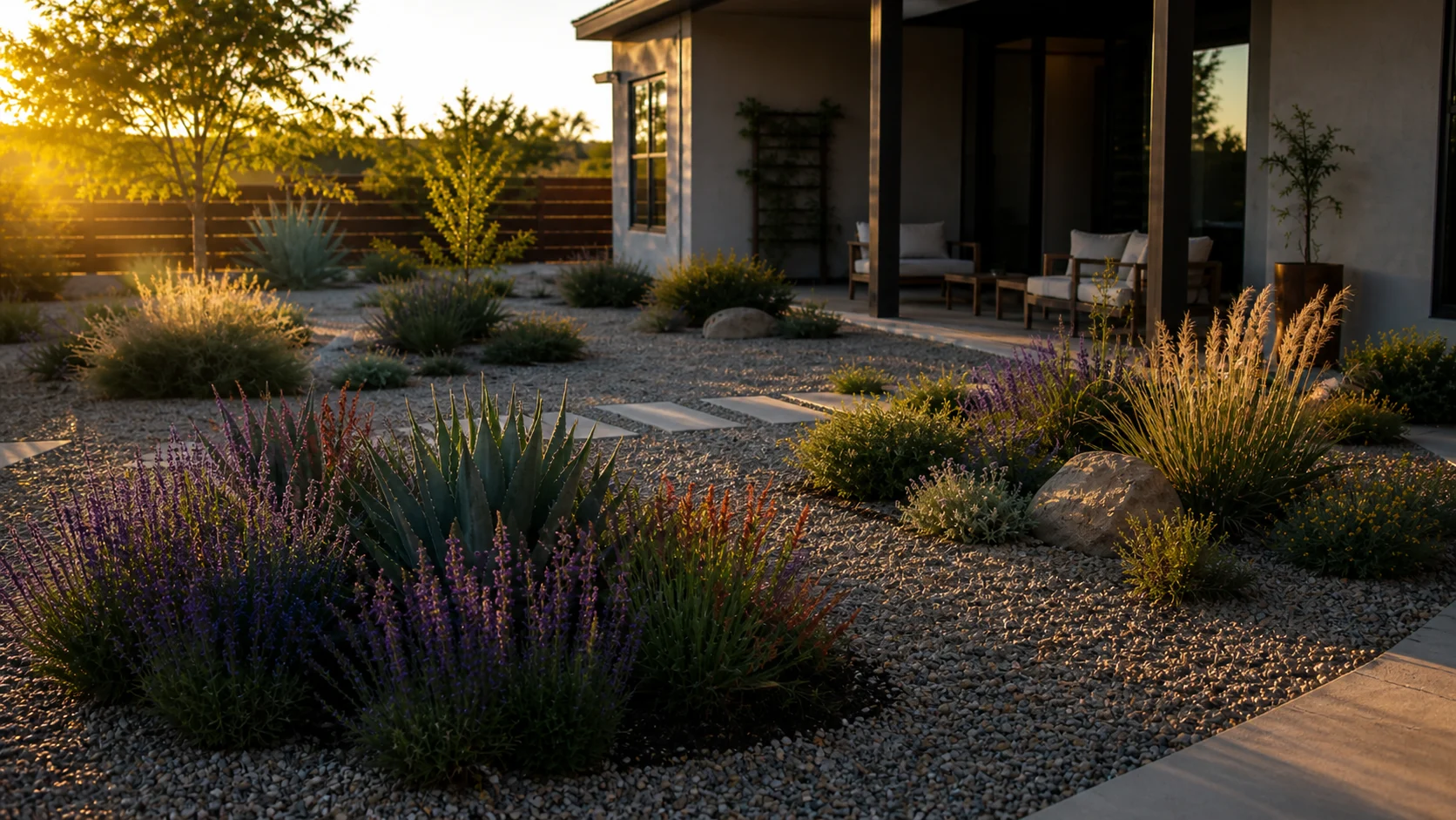 Gravel yard with planting islands and repeated low-water plant groups.
