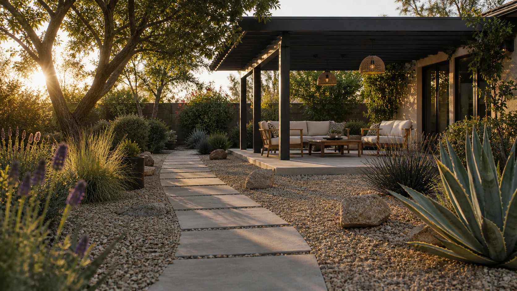 Shaded seating area and path in a gravel-based backyard.