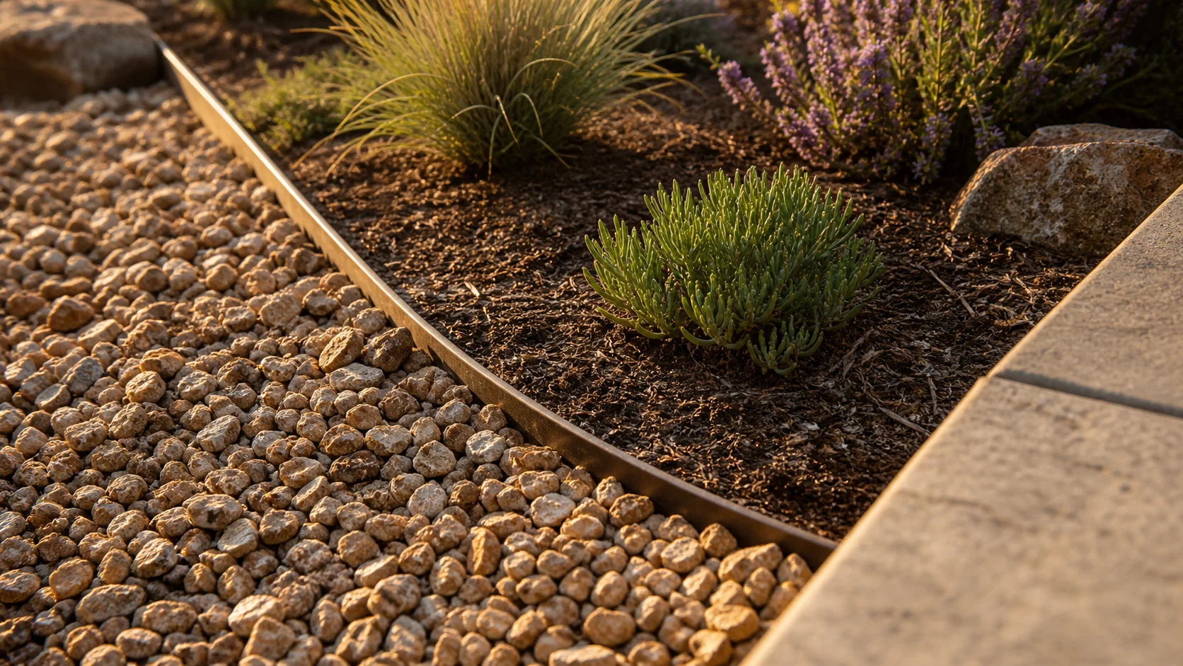 Gravel, mulch, edging, and plants adding texture to a waterwise yard.