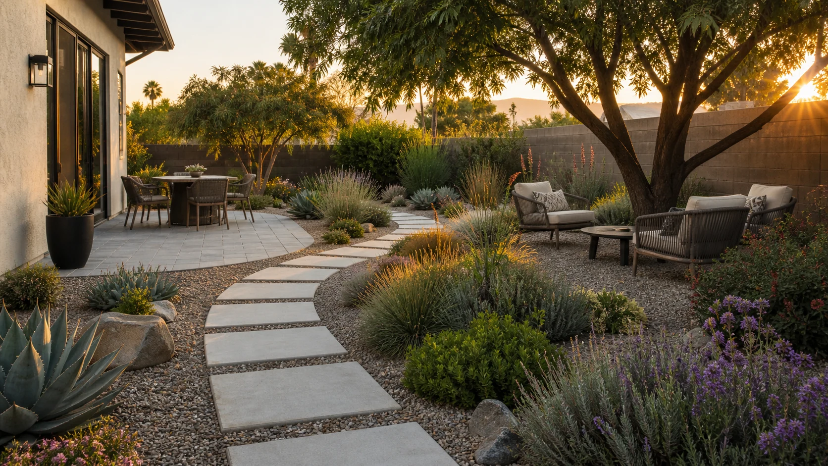 Low-water backyard design with hardscape, shade, gravel mulch, and layered planting.
