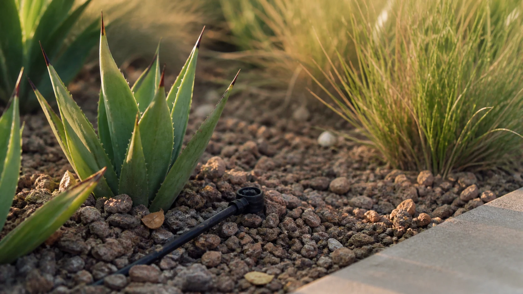 Drip irrigation detail watering plants in a low-water backyard bed.