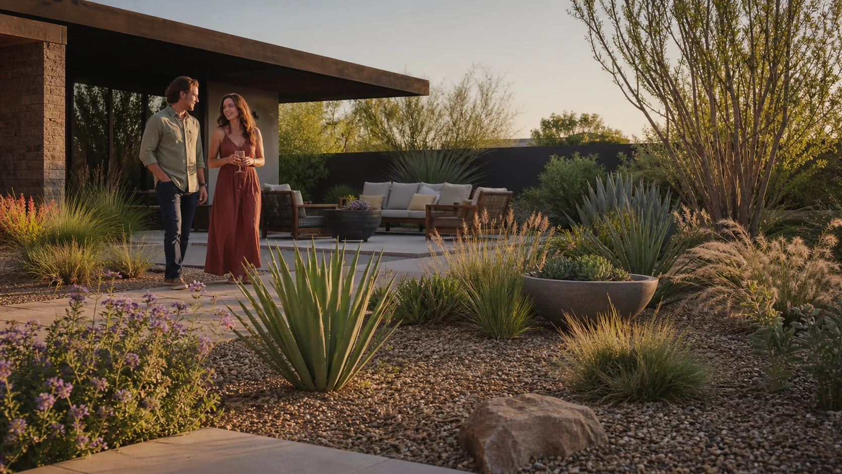 Couple relaxing in a low-water backyard with desert-adapted planting and shaded seating.