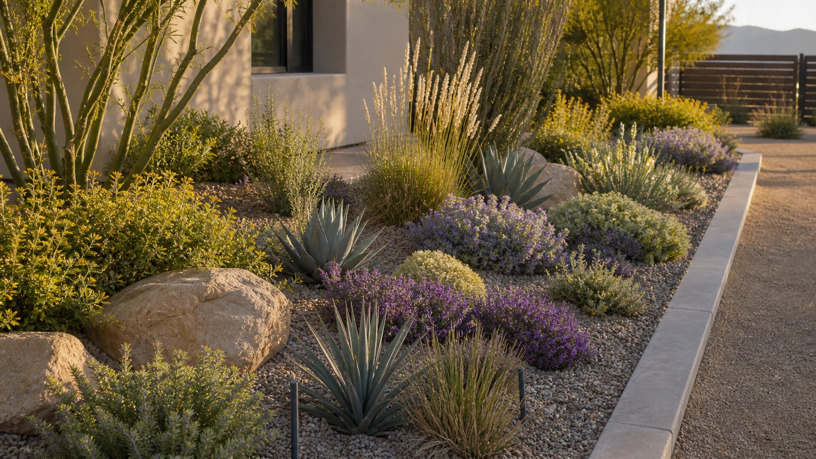 Low-water backyard planting grouped by similar water needs.