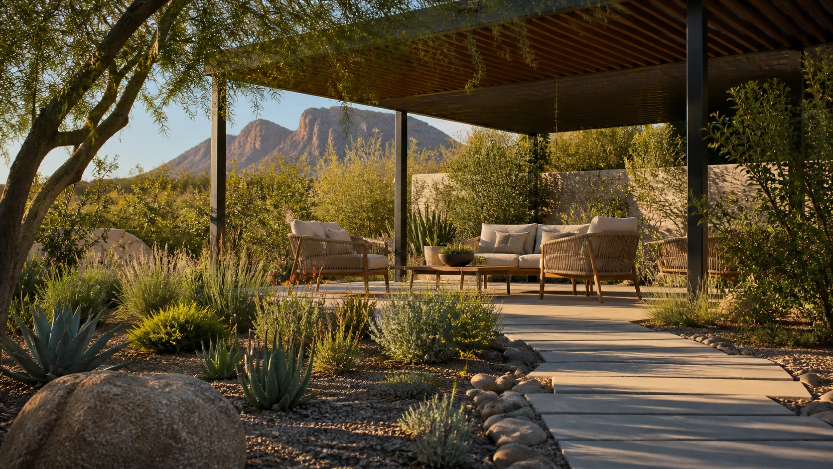 Shaded seating area surrounded by gravel mulch and desert-adapted plants.