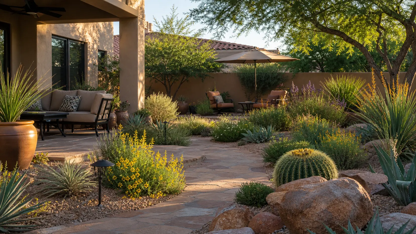 Waterwise backyard with shaded seating, low-water planting, decomposed granite paths, and warm outdoor living zones.