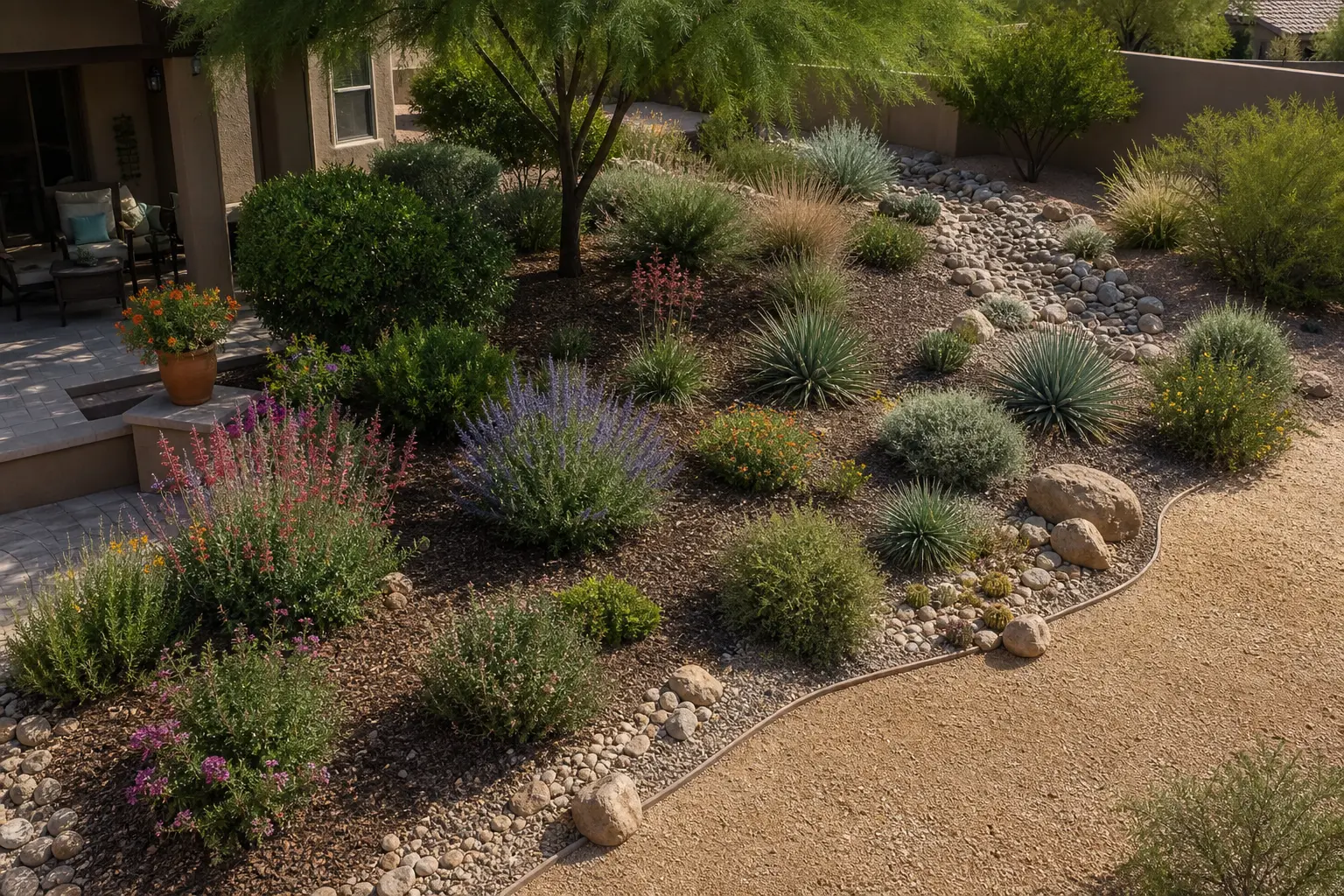Waterwise backyard planting areas grouped by water need near a patio, path, and dry edge.