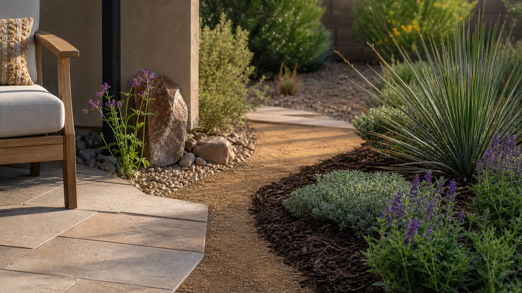 Clean transition between patio paving, decomposed granite, mulch, and low-water backyard planting.
