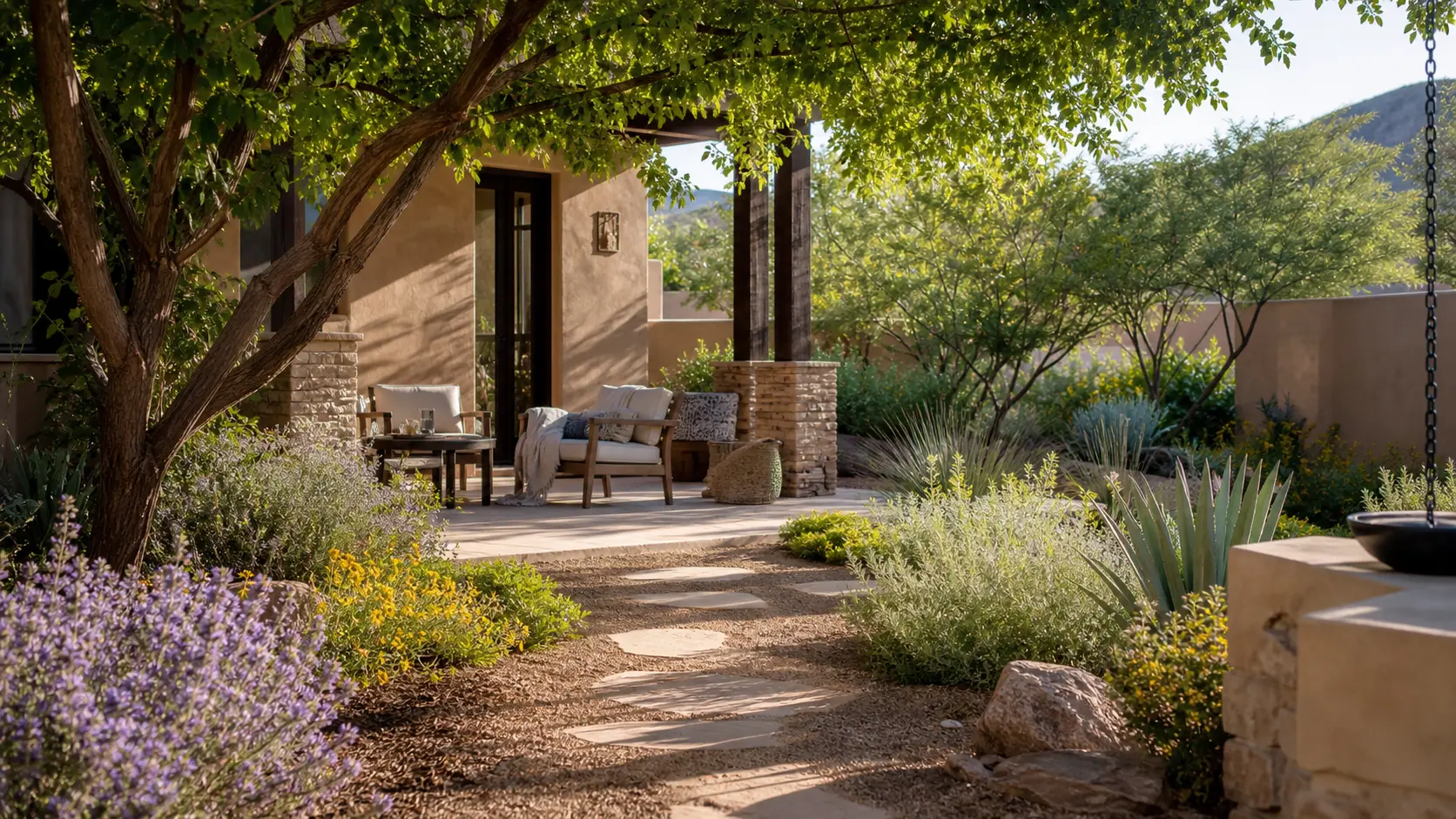 Shaded seating area in a low-water backyard with layered planting and a clear path.