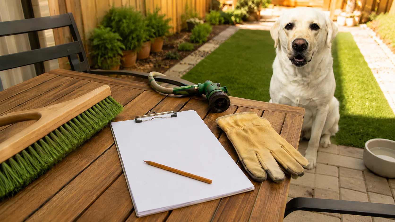 Blank artificial turf cleaning checklist with gloves, hose nozzle, and turf brush beside a yard.