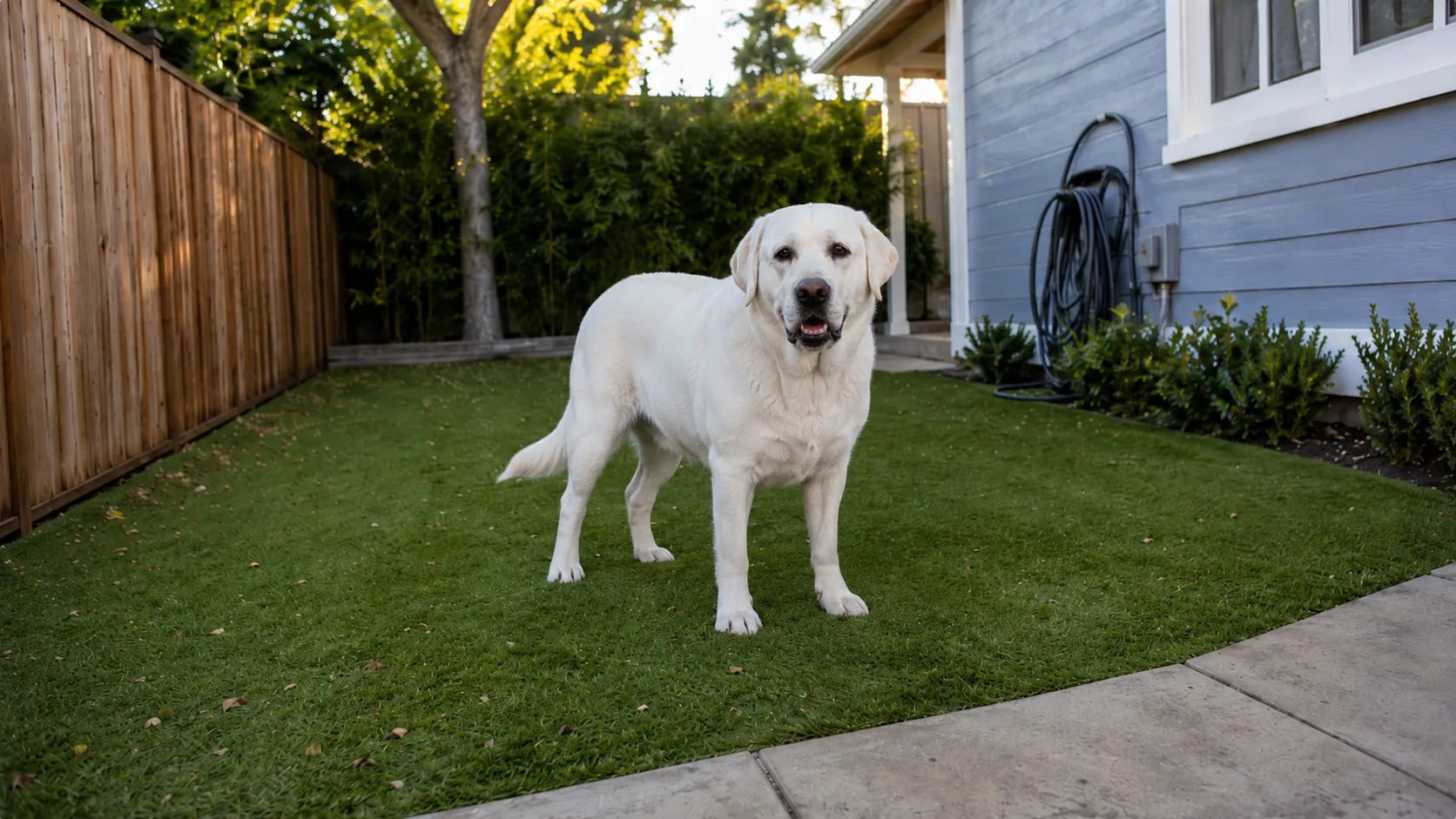 Artificial turf dog route in a residential yard with a hose nearby for practical odor cleanup.
