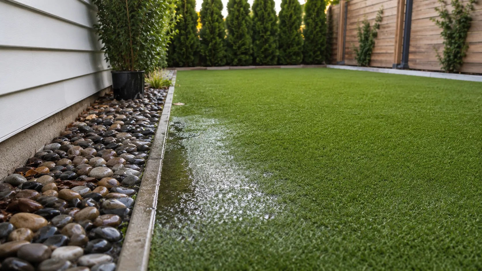 Artificial turf seam and edge area showing subtle drainage warning signs after rinsing.