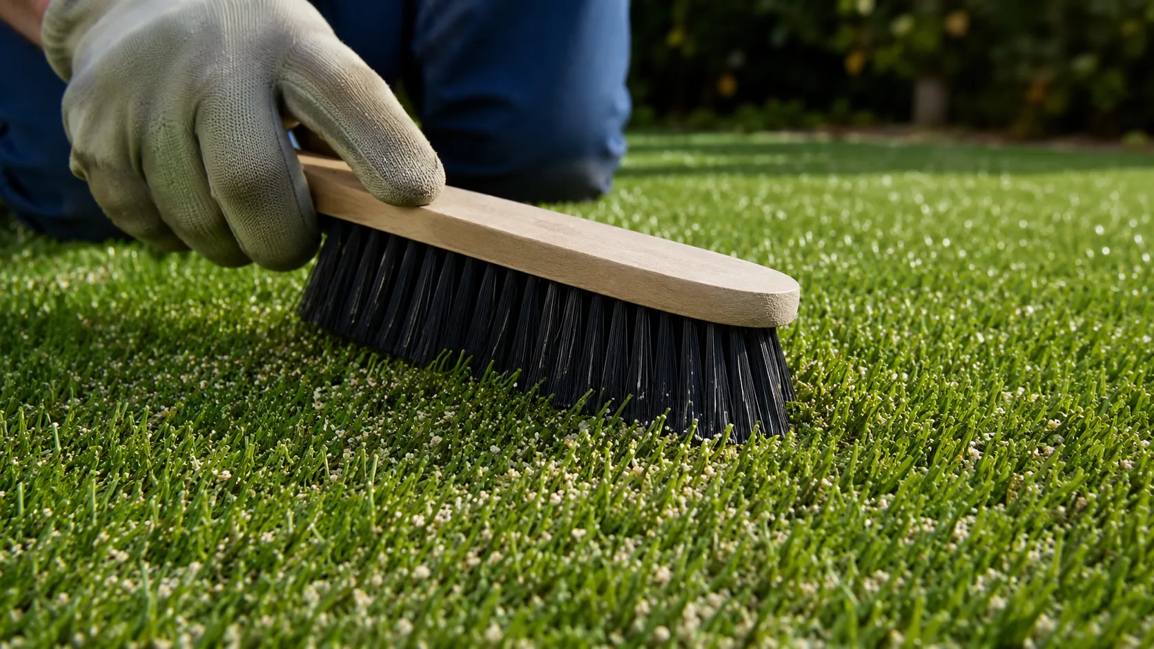 Gloved hands brushing artificial turf fibers and infill after cleaning.