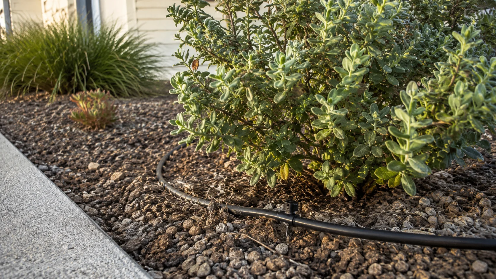 Drip irrigation line running through a grouped waterwise planting bed with gravel mulch.