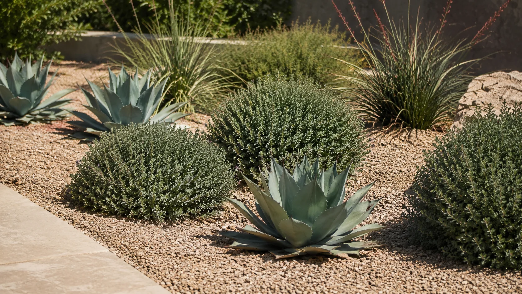 Low-water shrubs, grasses, and succulents grouped together in a gravel-mulched planting bed.