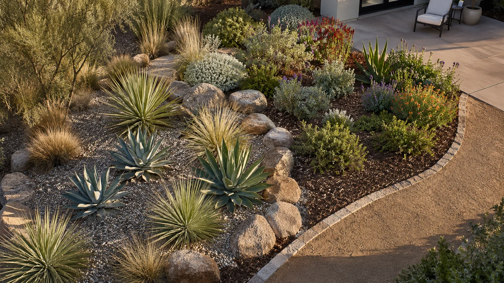Planting bed arranged into distinct water-use zones with low-water plants, shrubs, gravel, and edging.