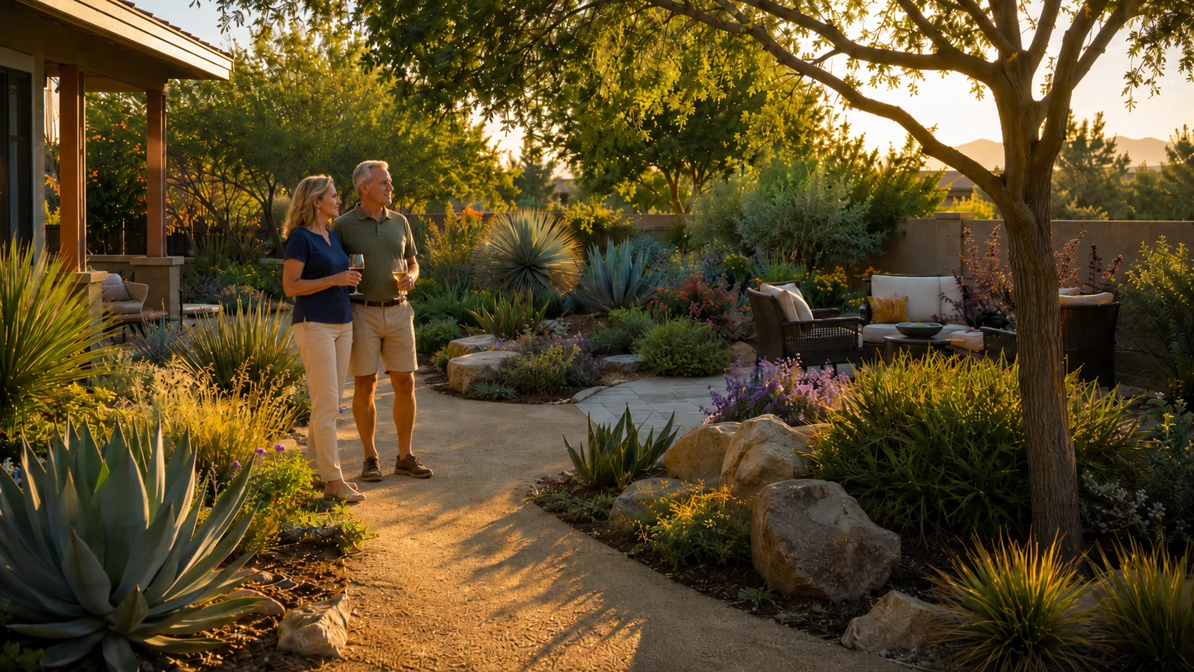 Waterwise backyard with grouped low-water plants, decomposed granite paths, boulders, and shaded seating.