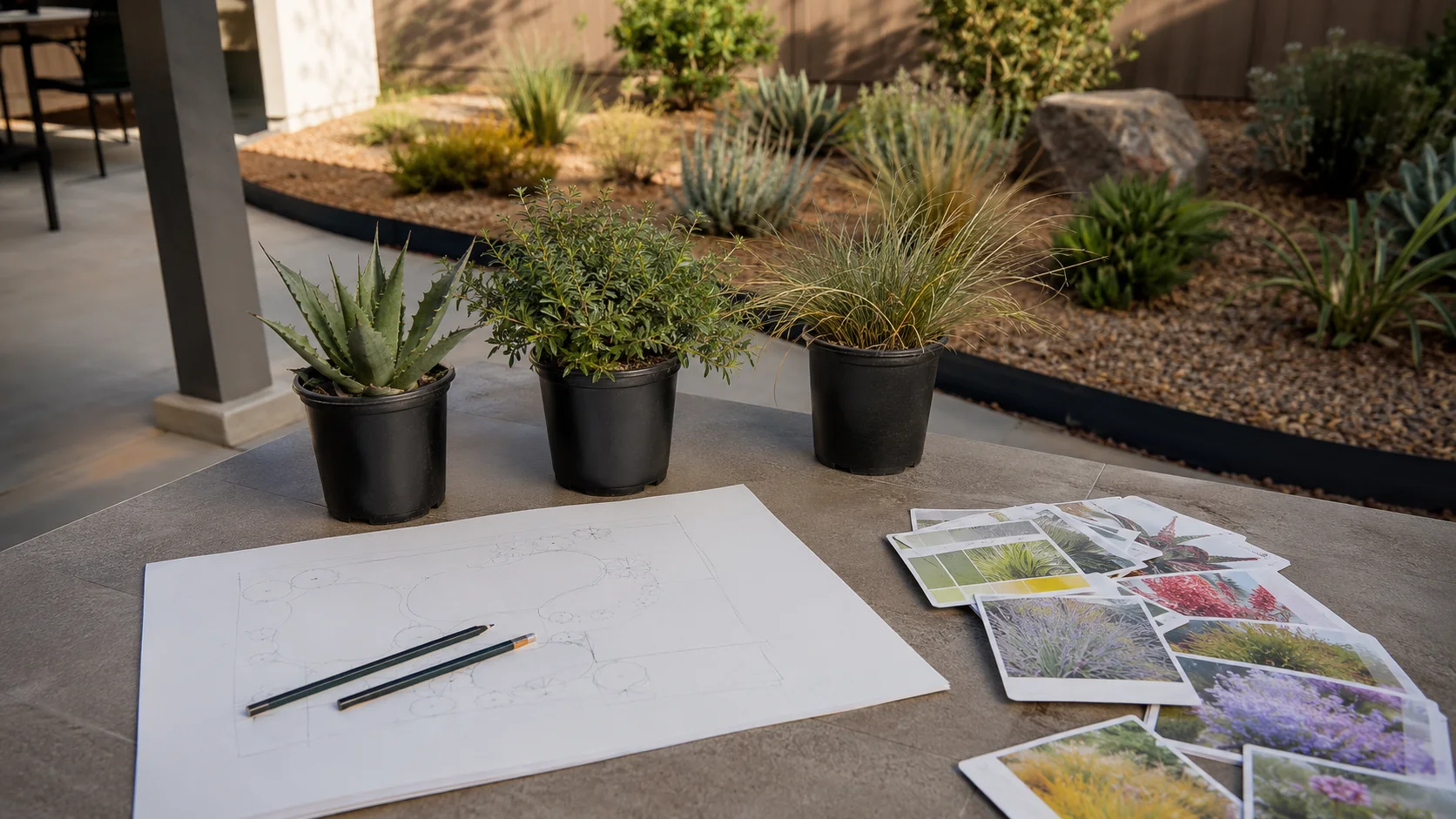 Outdoor planning table with a blank yard sketch and low-water plant samples for reorganizing a yard into hydrozones.