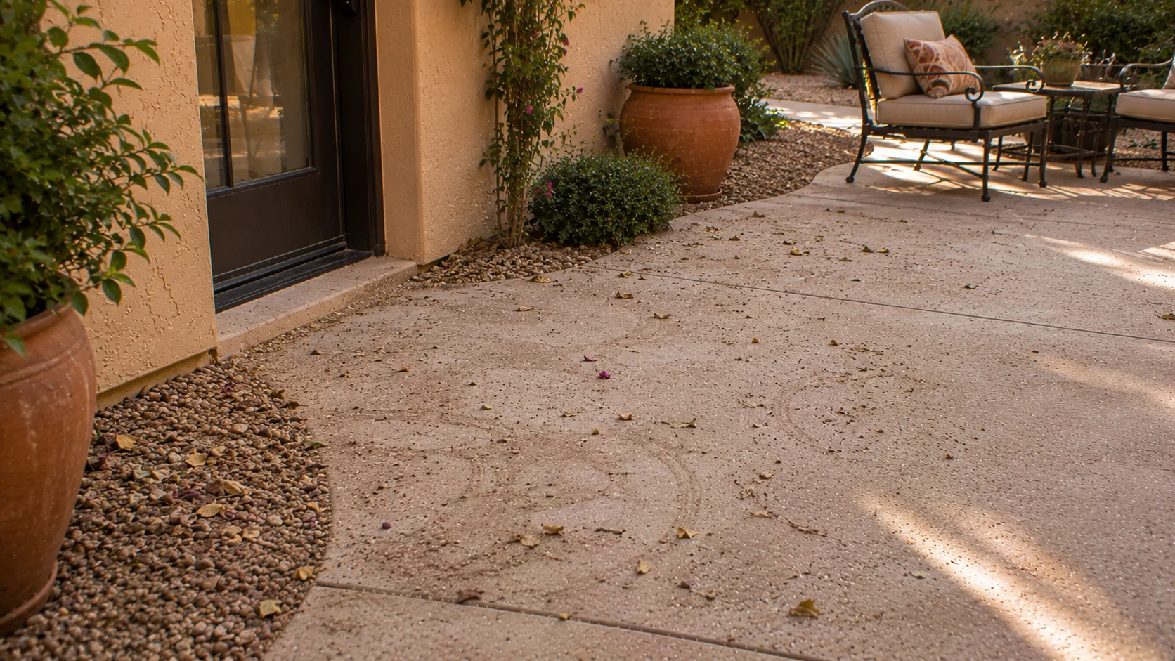 High-use backyard patio threshold with dust, leaves, and loose gravel before a routine reset.